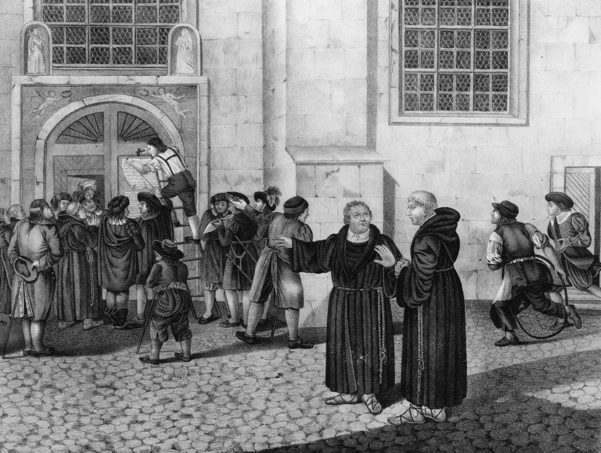 Ilustração mostrando Martinho Lutero pregando suas 95 Teses na porta da igreja.
