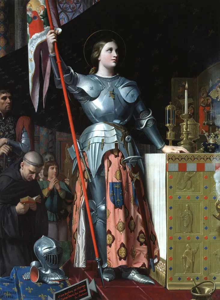 Pintura de Joana d'Arc em armadura, liderando as tropas francesas em batalha.