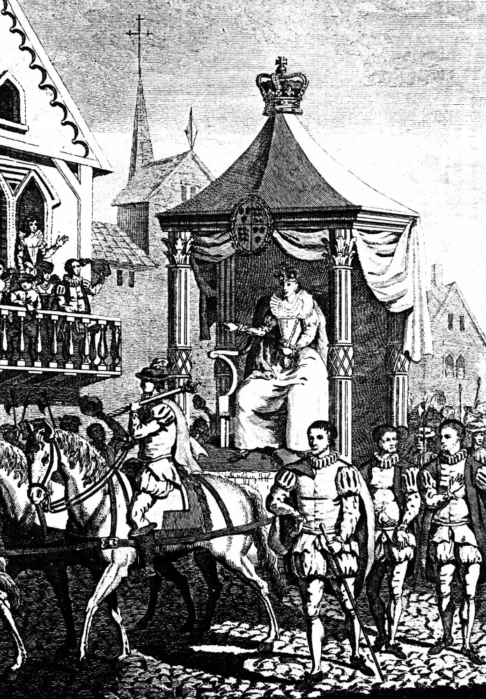 A Rainha Elizabeth I em seu trono, projetando uma imagem de poder e autoridade inabaláveis.