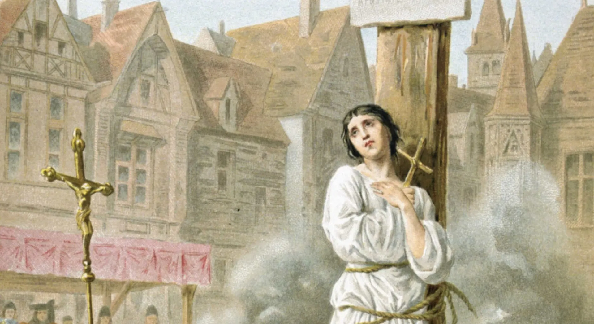 Ilustração mostrando Joana d'Arc sendo queimada na fogueira, acusada de heresia.