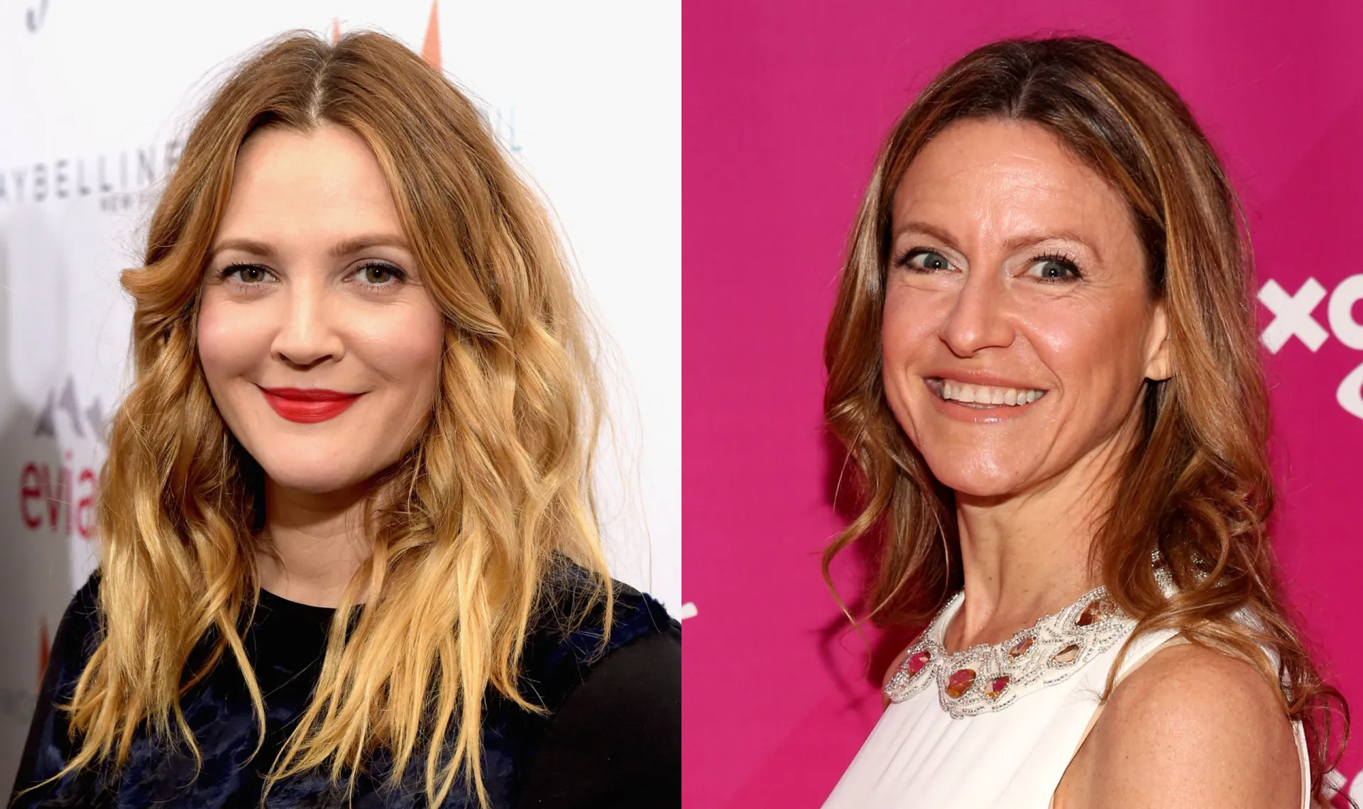 A atriz Drew Barrymore sorrindo calorosamente em uma premiação.
