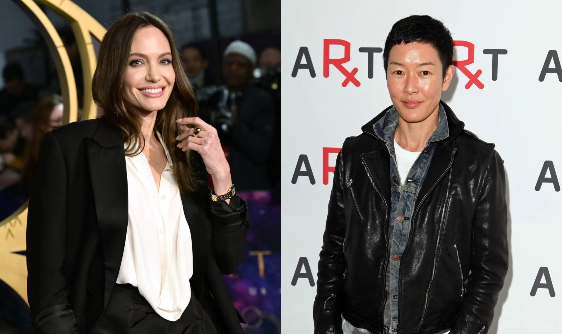 A atriz Angelina Jolie com um olhar marcante em um tapete vermelho.