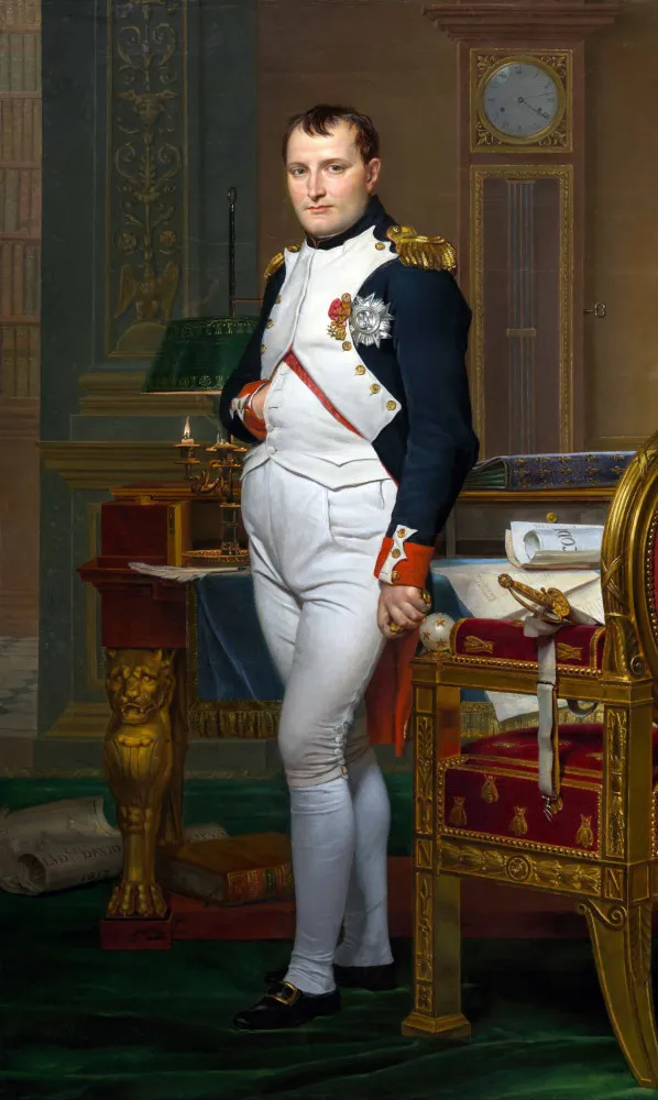 Pintura de Napoleão Bonaparte em seu cavalo, parecendo surpreso e cercado por coelhos no chão.