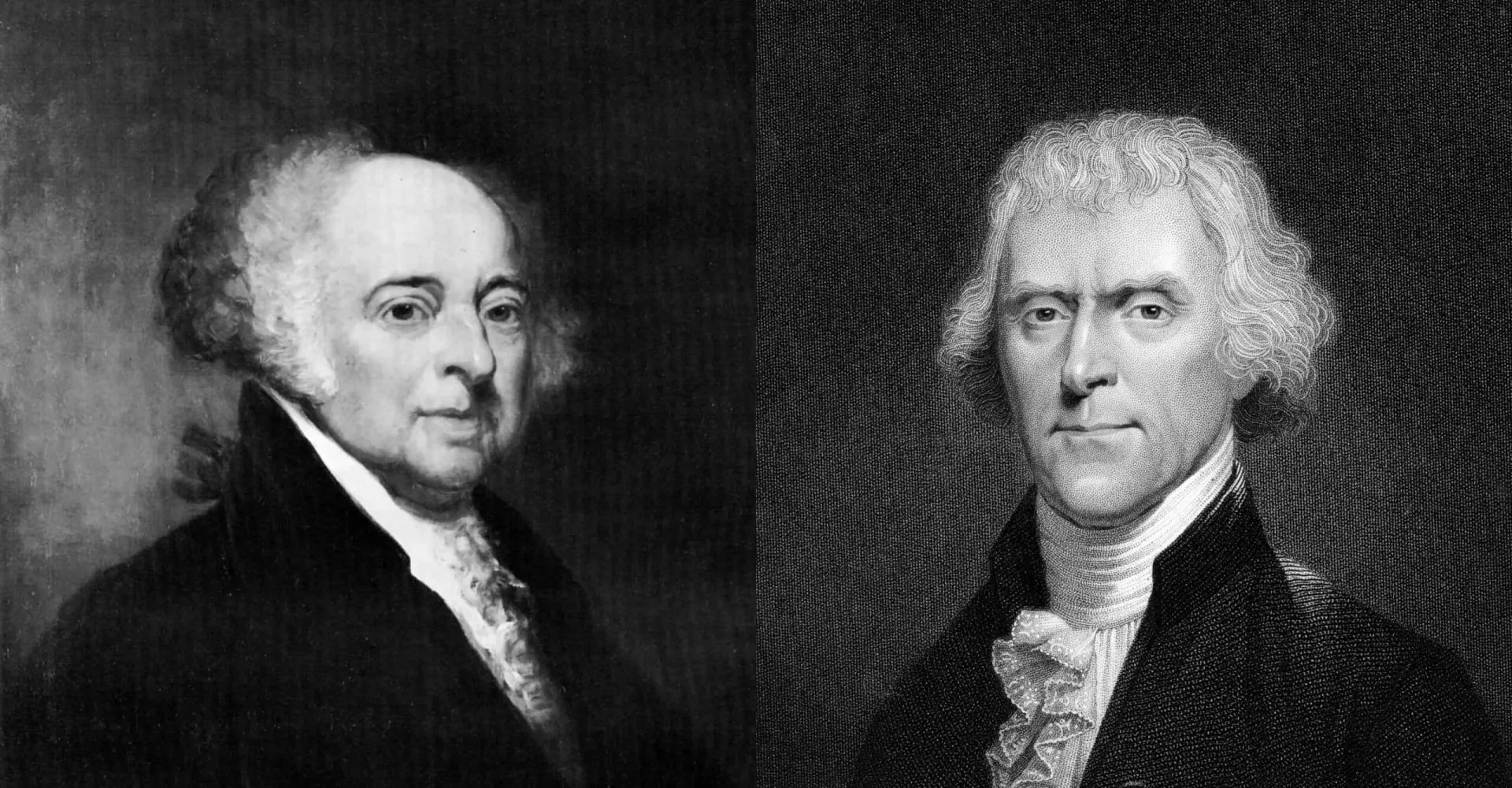 Retratos lado a lado de John Adams e Thomas Jefferson, dois dos pais fundadores dos EUA.