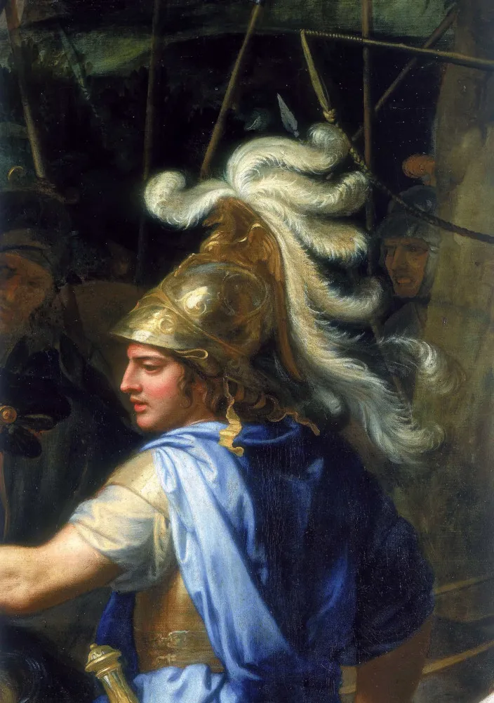 Pintura dramática do leito de morte de Alexandre, o Grande, cercado por seus generais e soldados.
