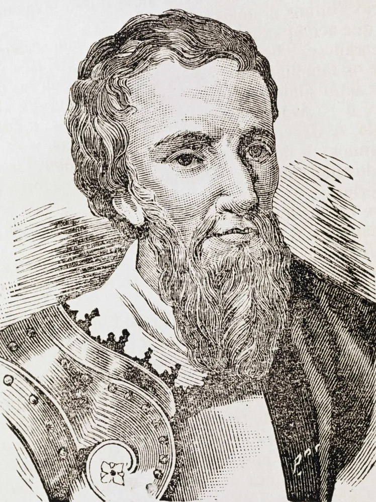 Ilustração de Pedro Álvares Cabral em uma caravela, olhando para o horizonte com o céu ao fundo.