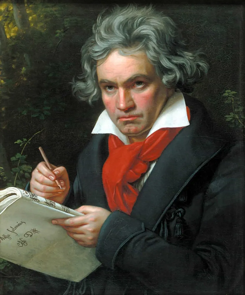 Pintura de Ludwig van Beethoven concentrado ao piano, com uma expressão de profunda imersão musical.