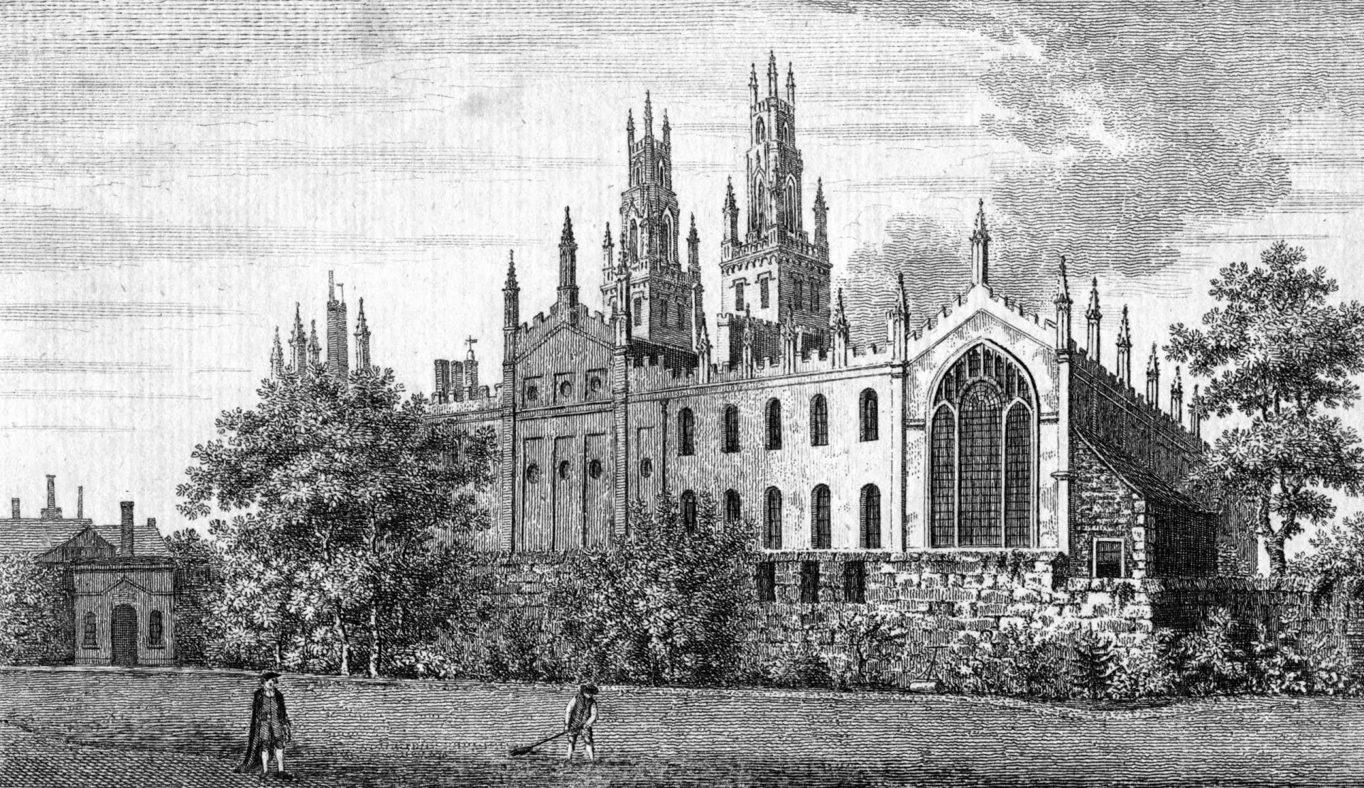 Torres antigas da Universidade de Oxford contrastando com um céu azul, simbolizando sua longa história.