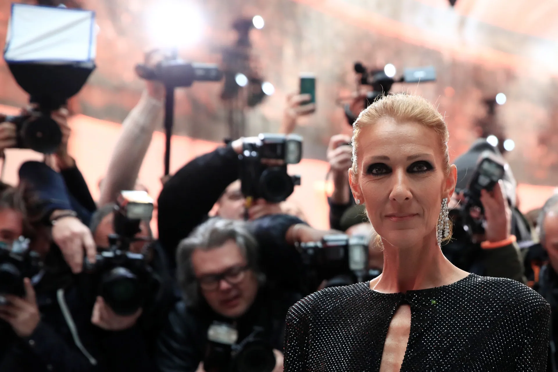 A cantora Celine Dion se apresentando com paixão e emoção.