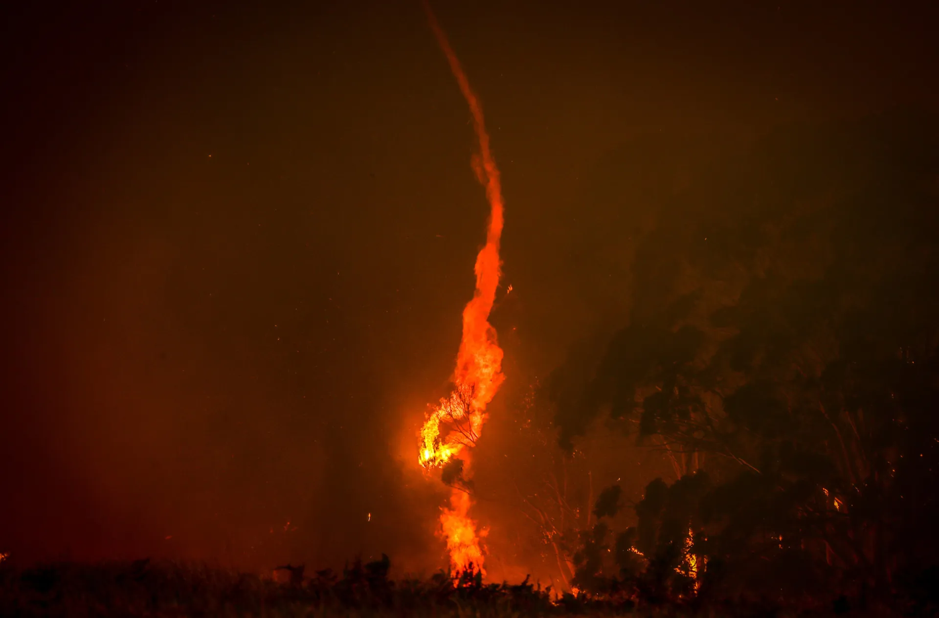 Um redemoinho de fogo intenso se erguendo de um incêndio florestal durante a noite.