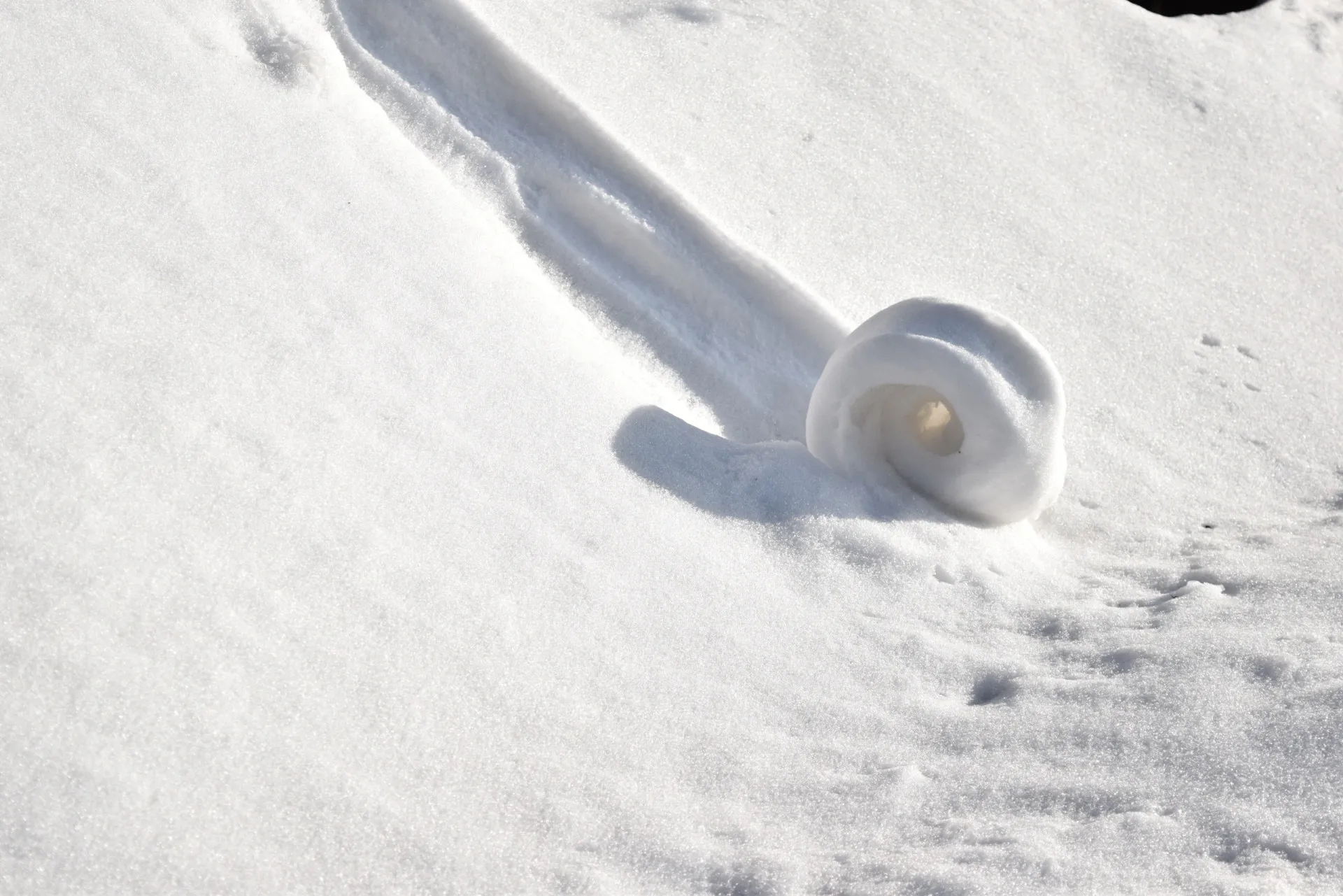 Um grande rolo de neve, parecendo um fardo de feno, deixado em um campo coberto de neve.