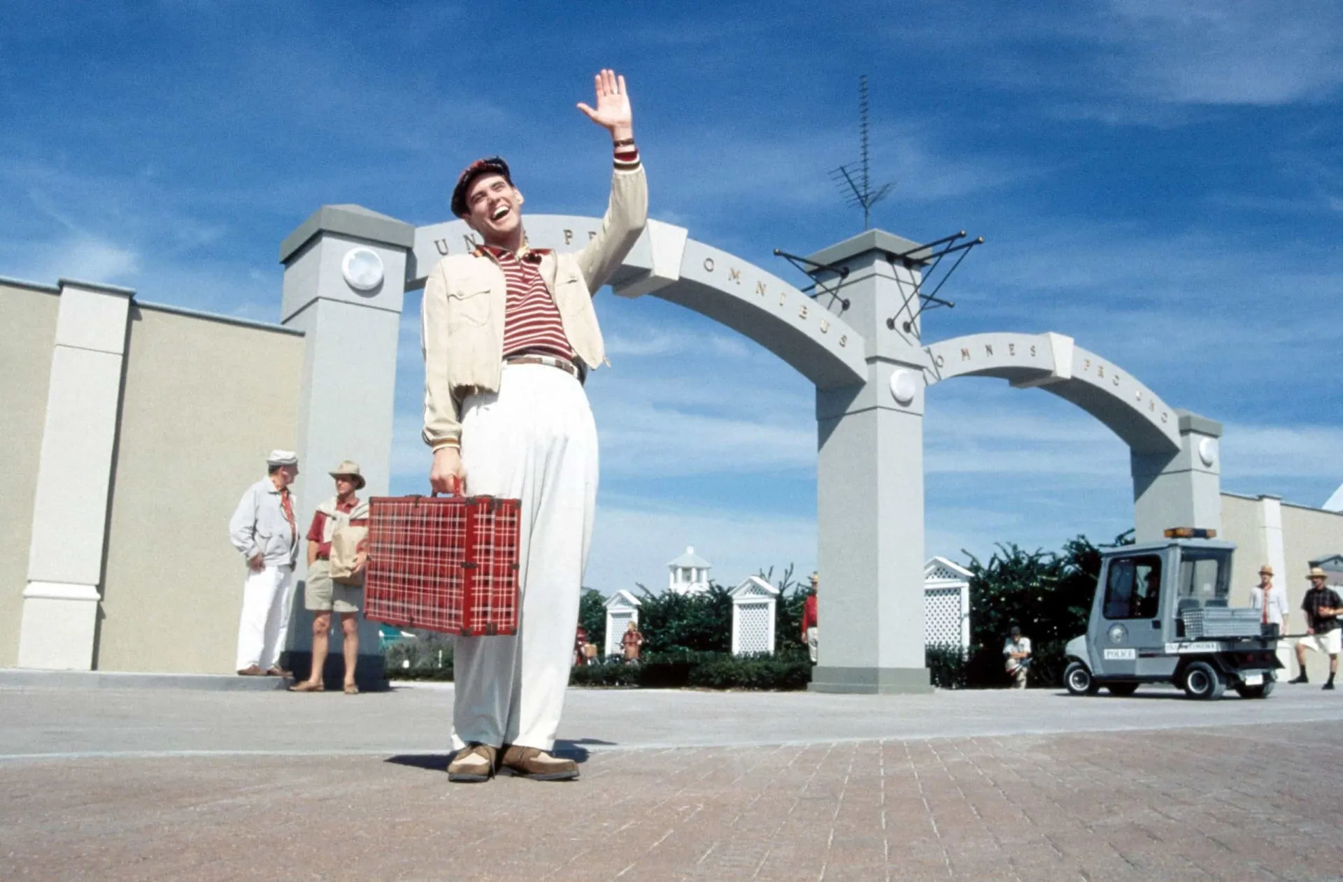 Jim Carrey como Truman Burbank, descobrindo a verdade sobre seu mundo artificial.