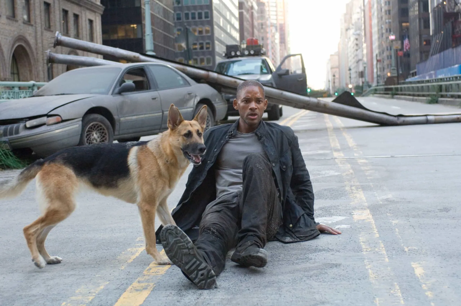 Will Smith e seu cão em uma cena de 'Eu Sou a Lenda', em uma Nova York pós-apocalíptica.