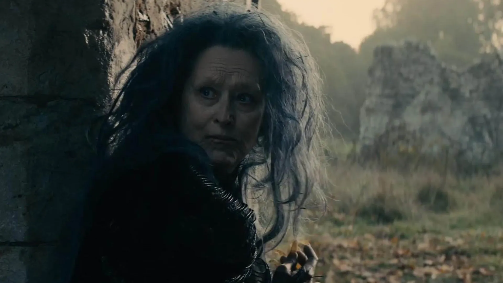 Meryl Streep como a bruxa em 'Caminhos da Floresta', uma adaptação sombria de contos de fadas.