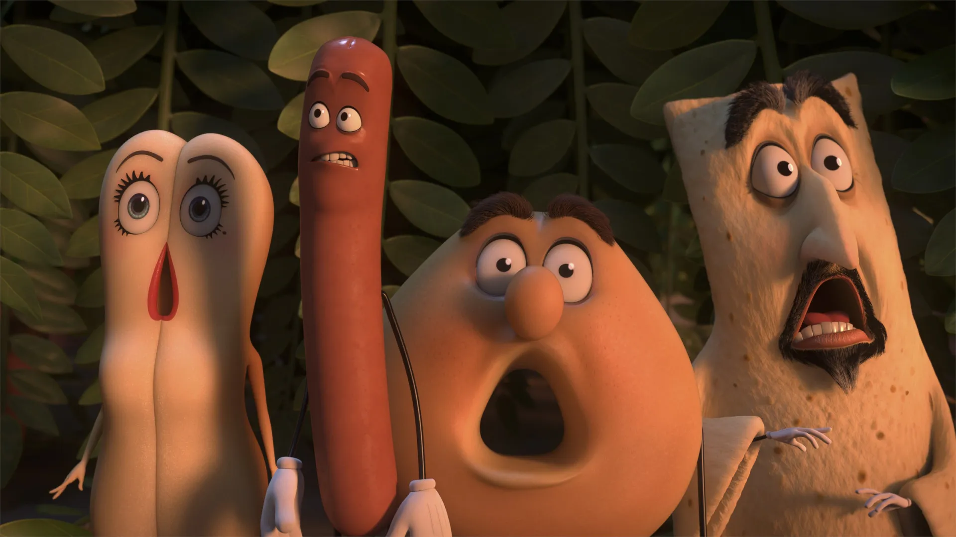 Personagens de animação de 'Festa da Salsicha' com expressões chocadas, representando o tom adulto do filme.