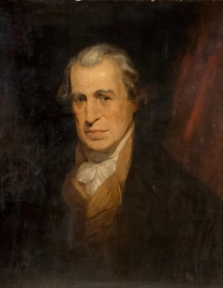 Retrato de James Watt, o engenheiro escocês cujas melhorias no motor a vapor impulsionaram a Revolução Industrial.
