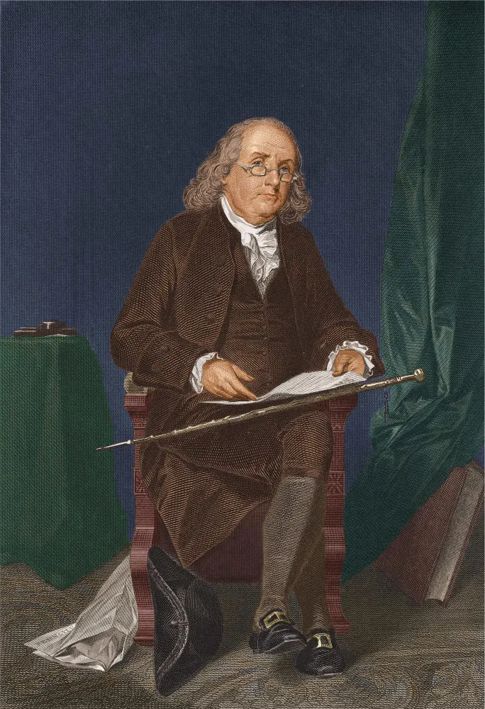 Benjamin Franklin em uma pose pensativa, refletindo suas múltiplas habilidades.