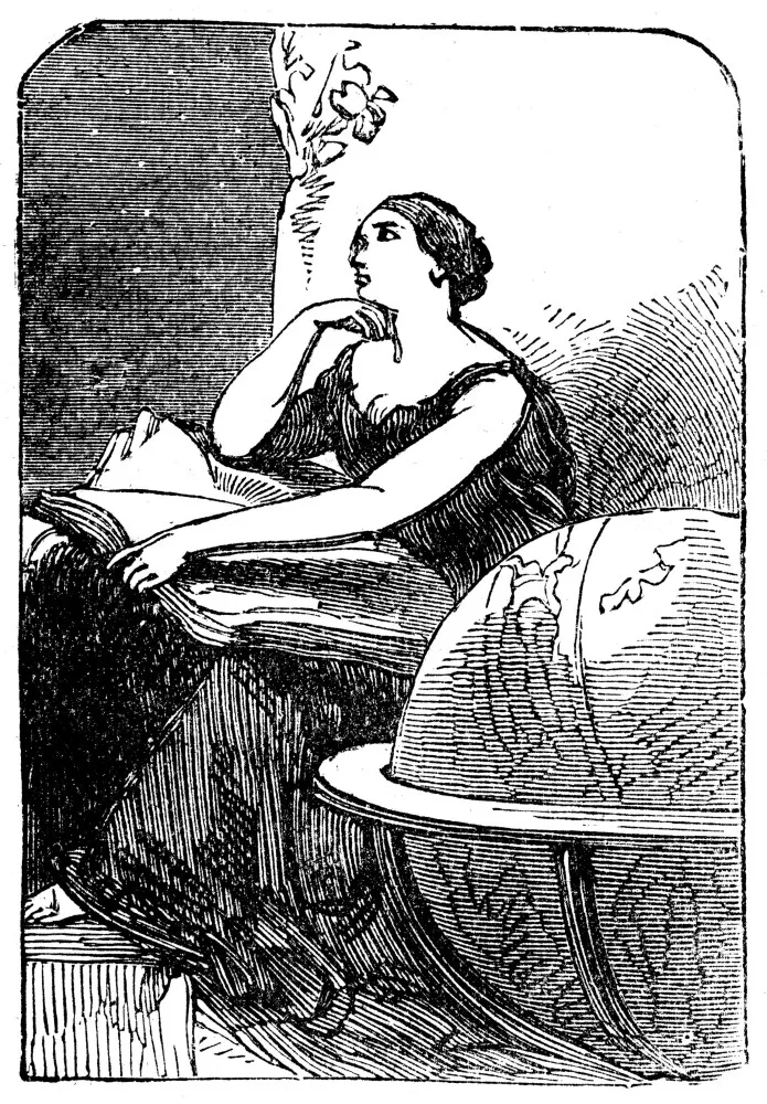 Ilustração de Hipácia de Alexandria ensinando um grupo de estudiosos, destacando sua autoridade intelectual.