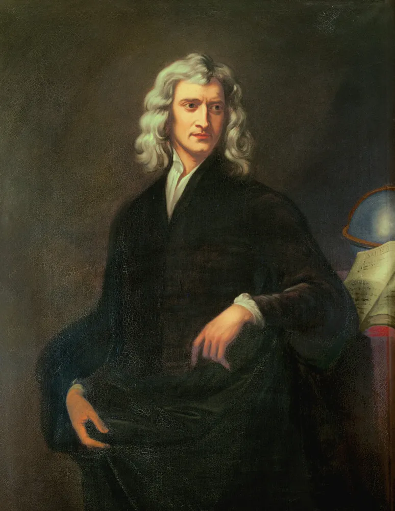 Retrato de Sir Isaac Newton, uma das maiores mentes científicas da história, com um olhar penetrante.