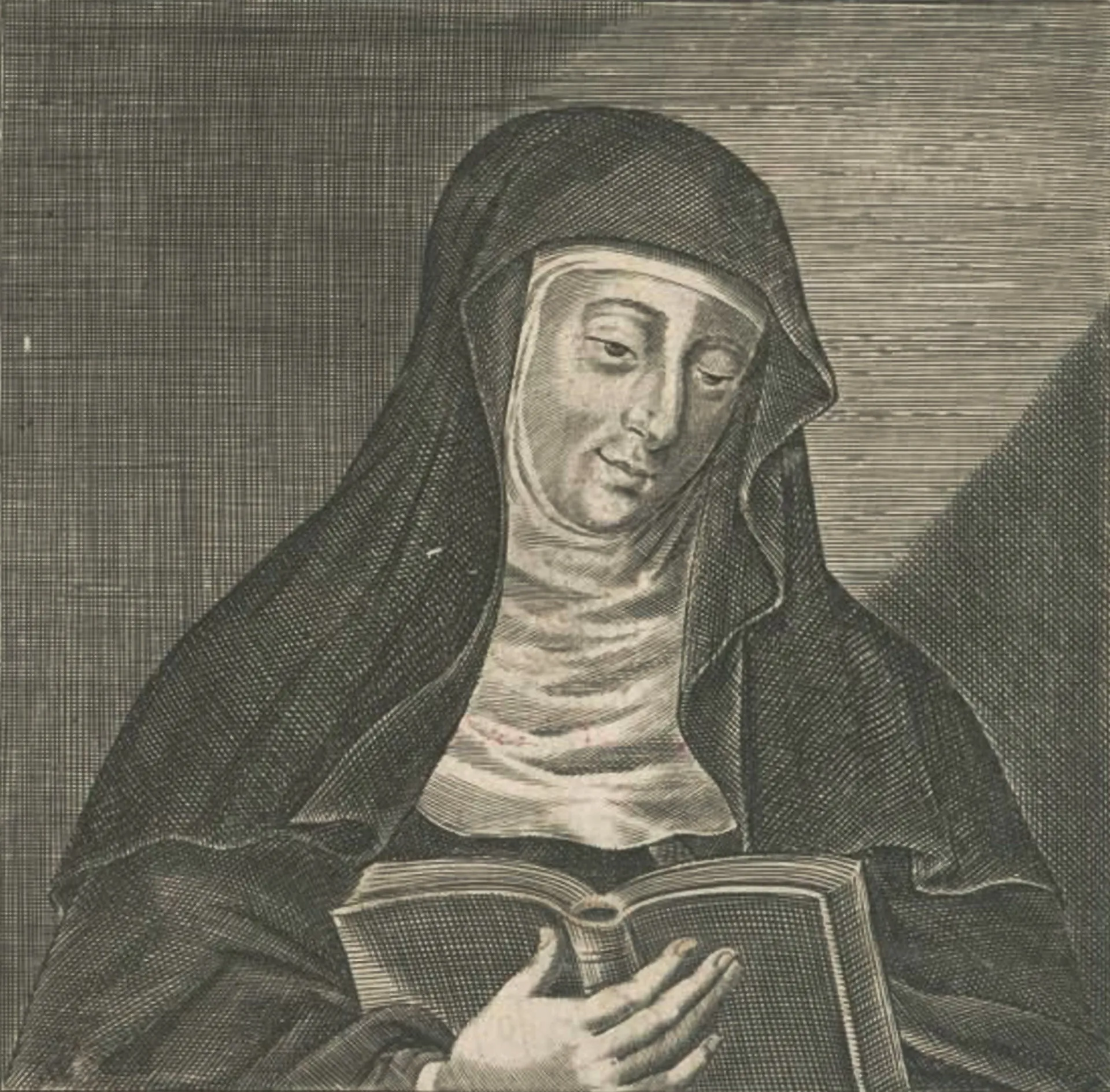 Ilustração de Hildegarda de Bingen recebendo inspiração divina, com chamas sobre sua cabeça.