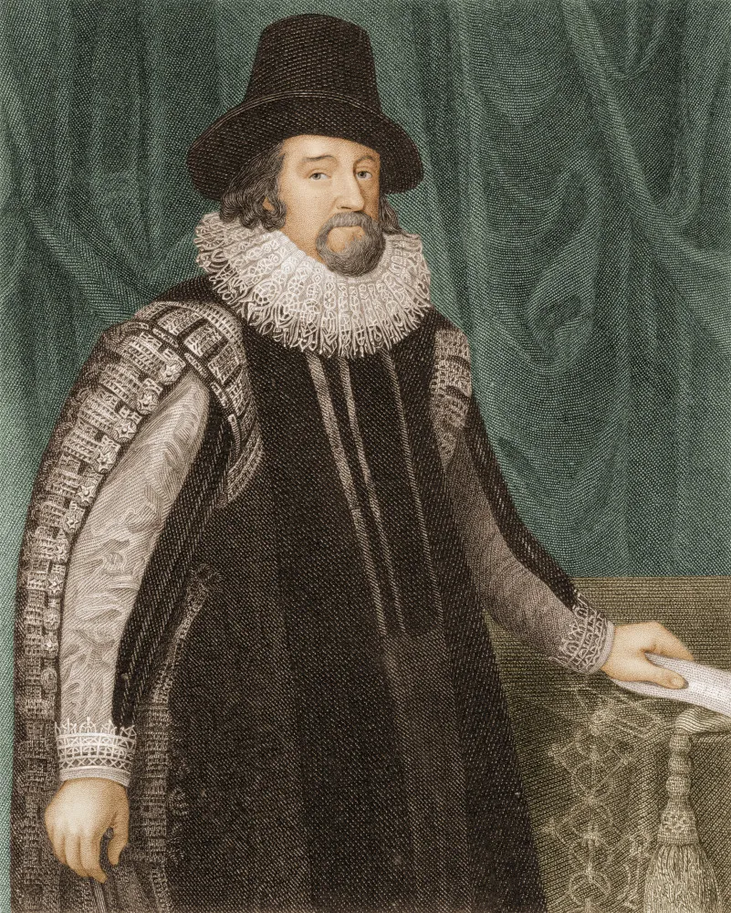 Retrato de Francis Bacon, o filósofo e estadista inglês, com uma expressão séria e intelectual.