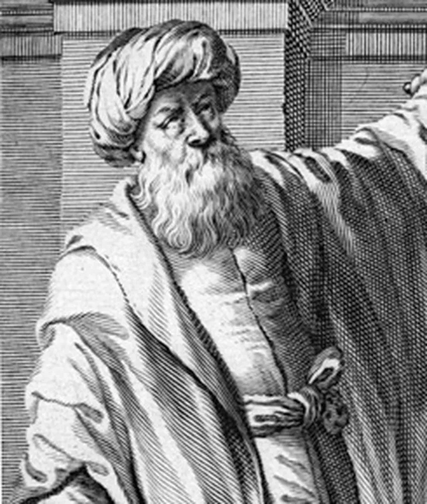 Ilustração representando Ibn al-Haytham, conhecido como Alhazen, trabalhando em seus estudos sobre a visão.