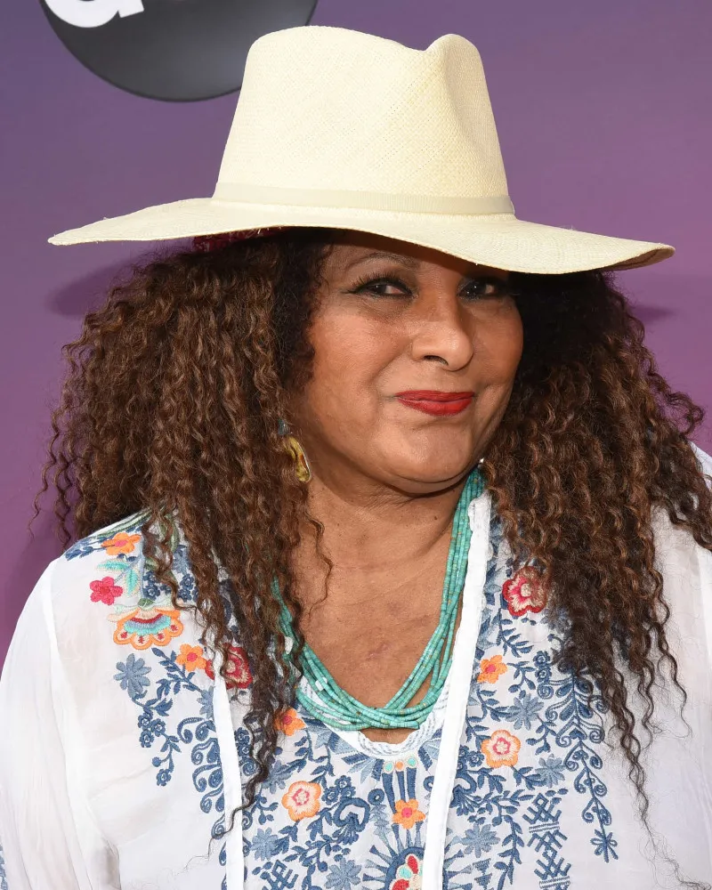 Pam Grier mais velha, sorrindo, com um visual elegante e a mesma presença marcante de sempre.