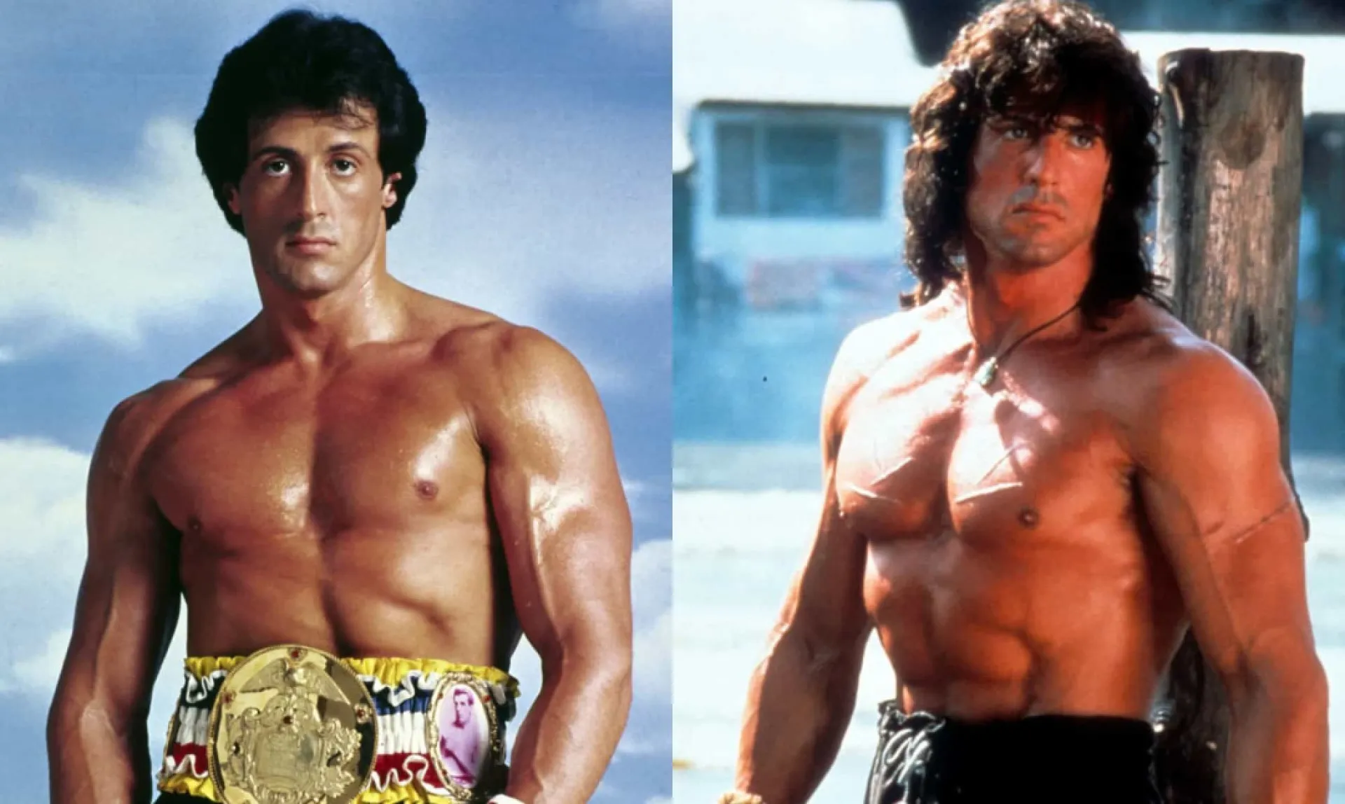 Sylvester Stallone jovem, como Rambo, com a faixa na cabeça e a metralhadora em punho.