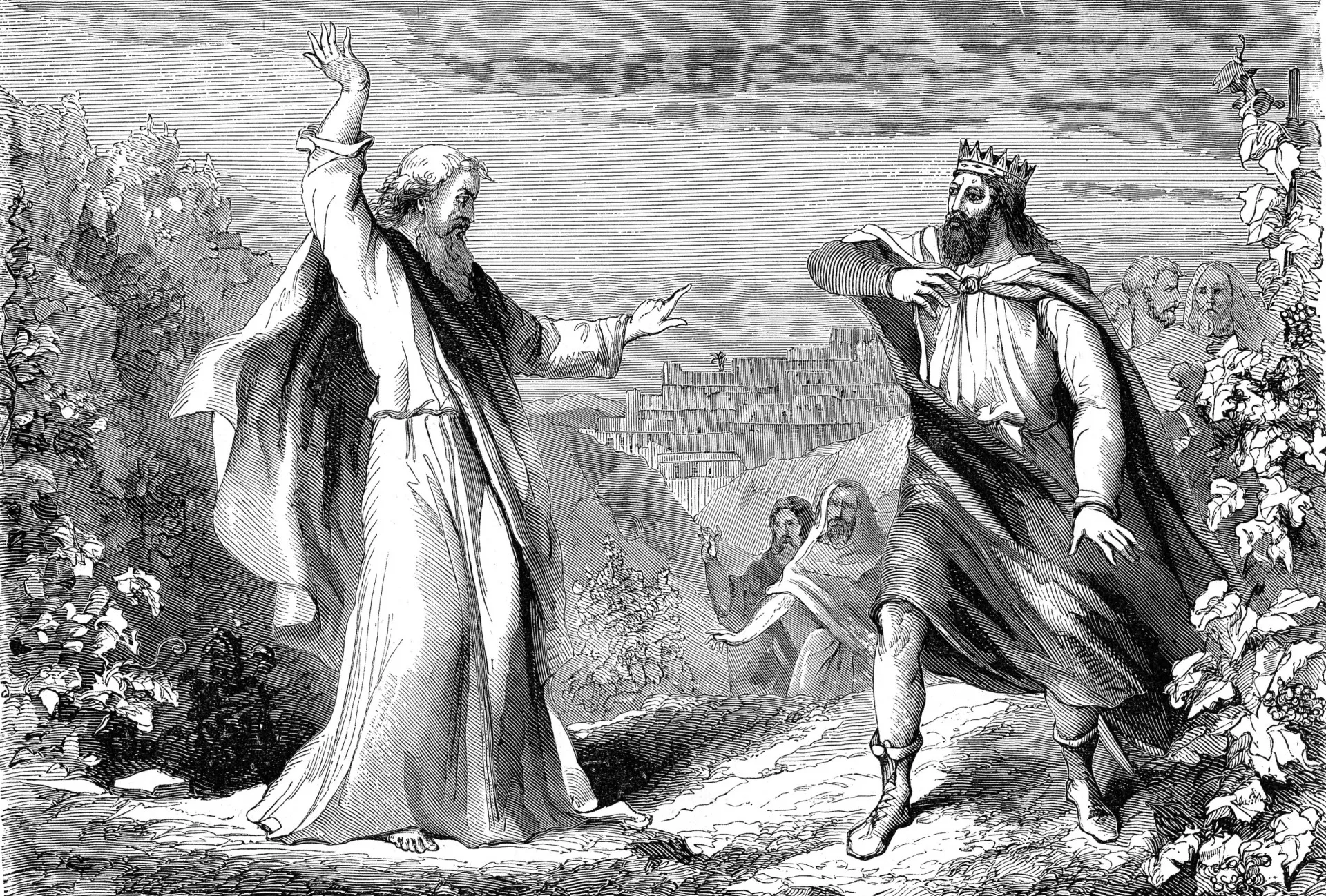 O profeta Elias, com um olhar intenso, confrontando o Rei Acabe em uma ilustração dramática.