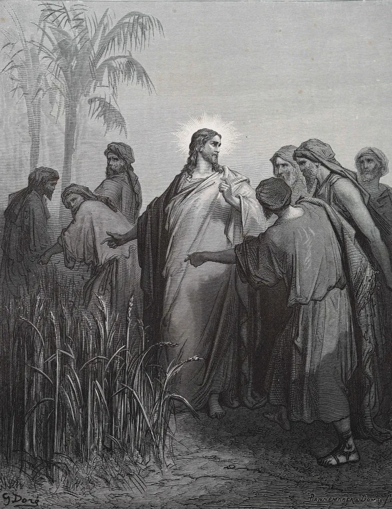 Jesus ensinando uma multidão, com uma expressão de sabedoria e autoridade.