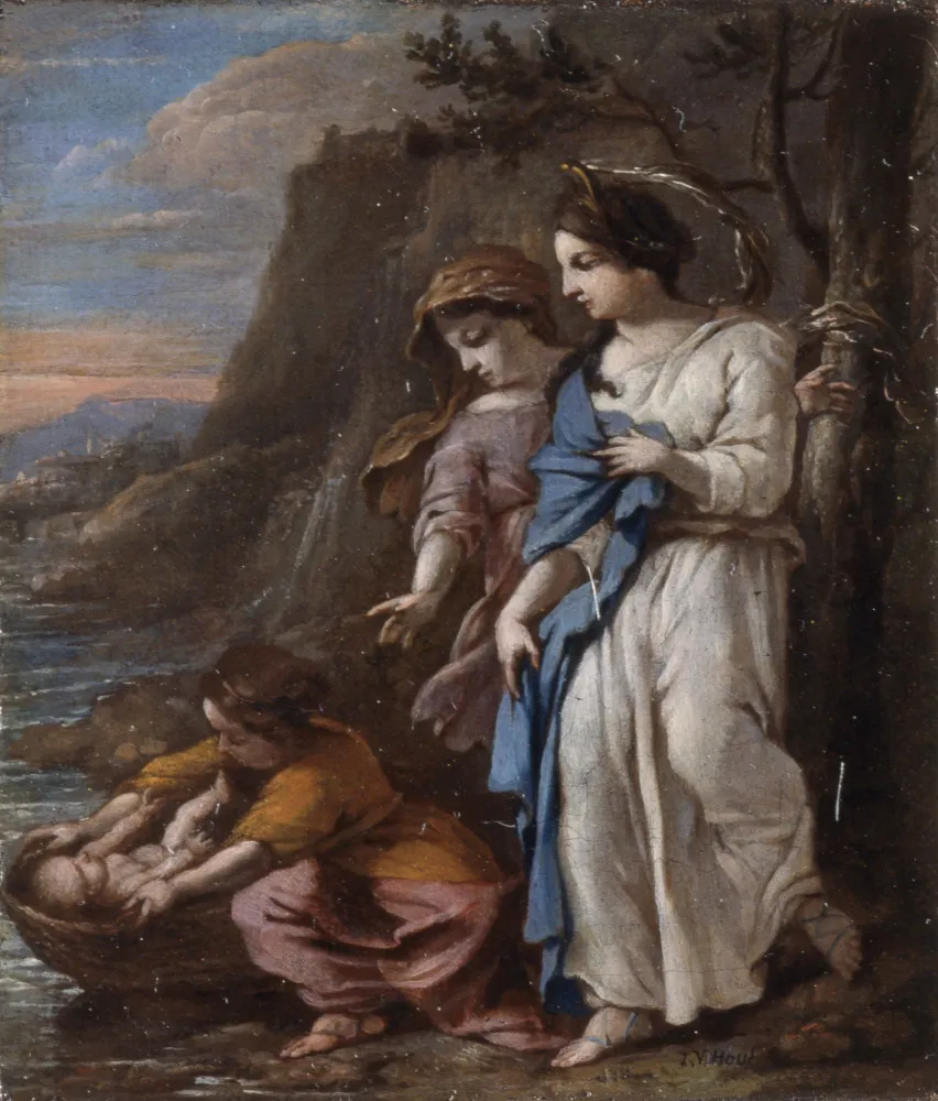 Pintura retratando Joquebede, mãe de Moisés, colocando-o em um cesto no rio Nilo.