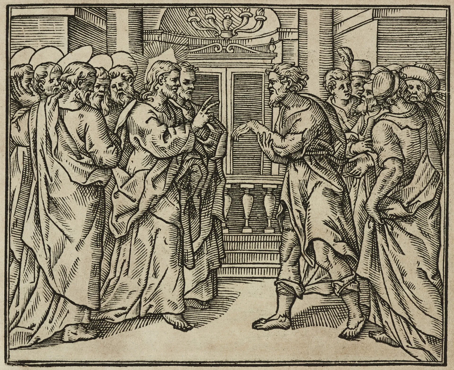 Jesus curando um homem com a mão atrofiada dentro de uma sinagoga no dia de sábado.
