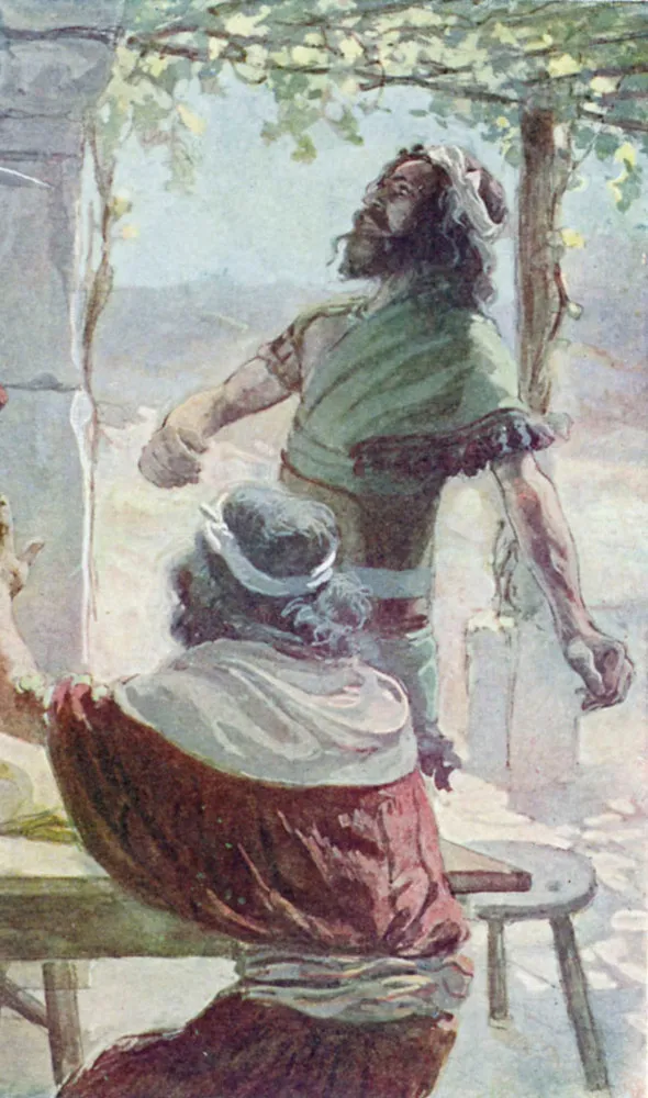 Soldados israelitas se colocando entre Jônatas e o Rei Saul, protegendo-o.