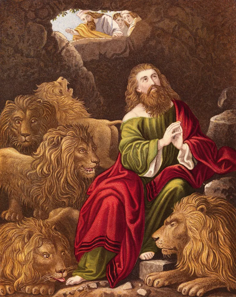 Daniel na cova dos leões, calmo e ileso, com os leões deitados pacificamente ao seu redor.