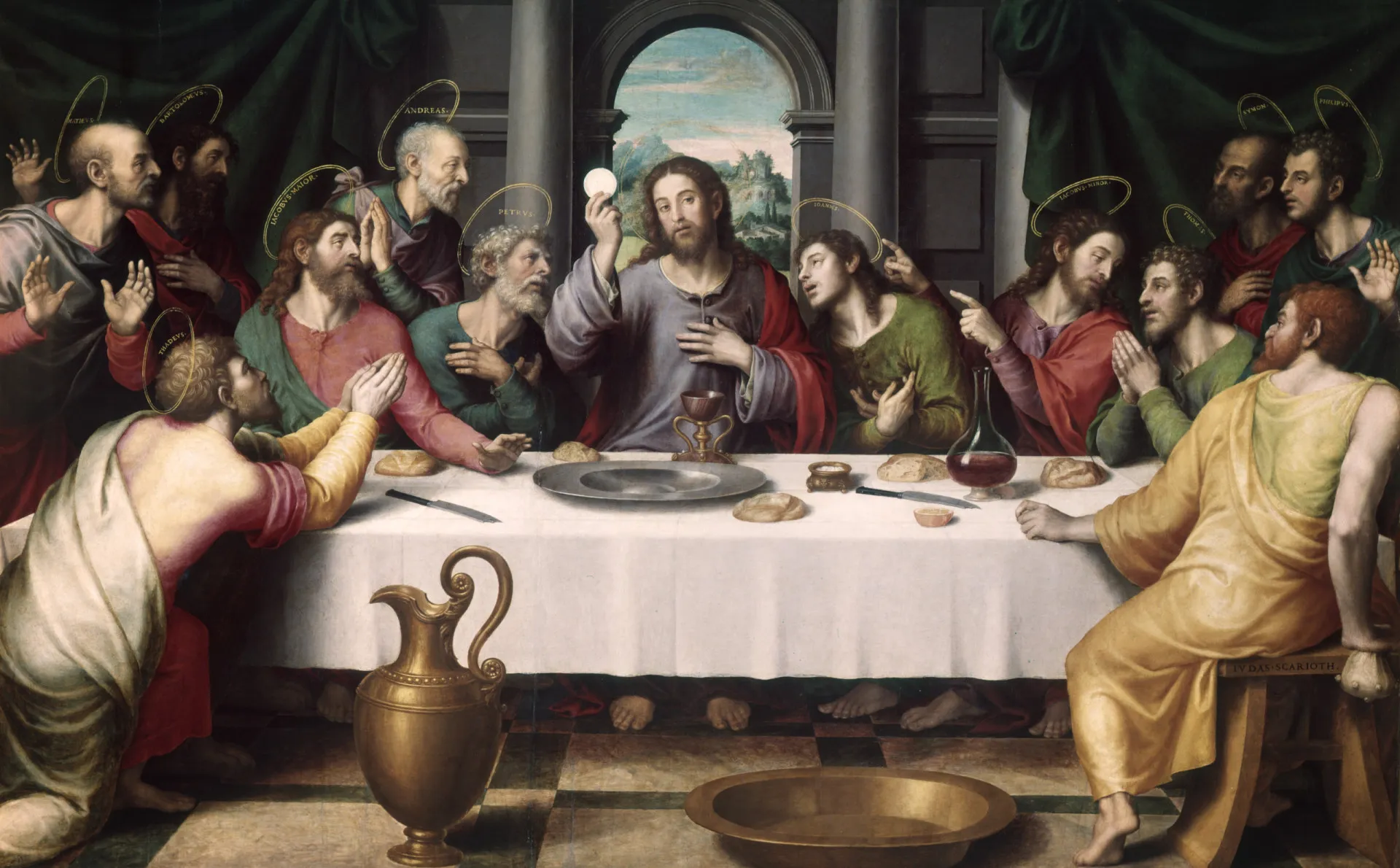 A Última Ceia, com Jesus erguendo um cálice de vinho e oferecendo aos seus discípulos.