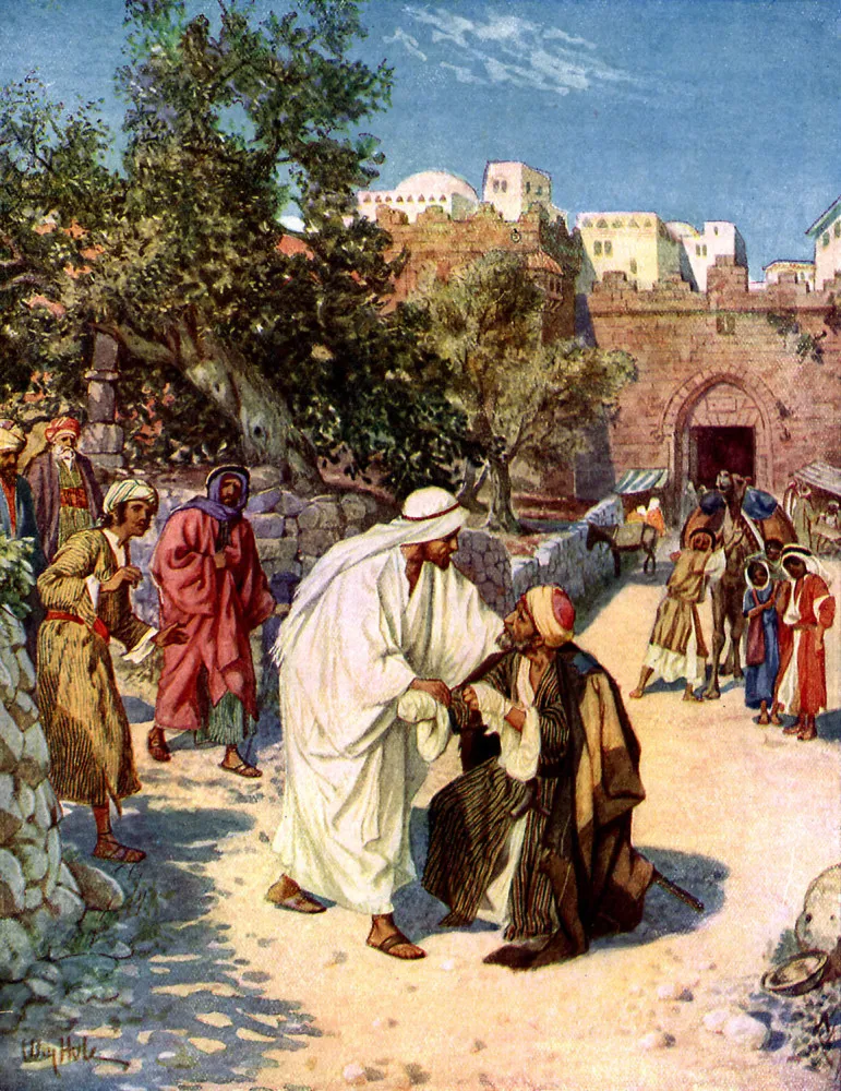 Jesus tocando gentilmente o braço de um homem com lepra, em um ato de compaixão.