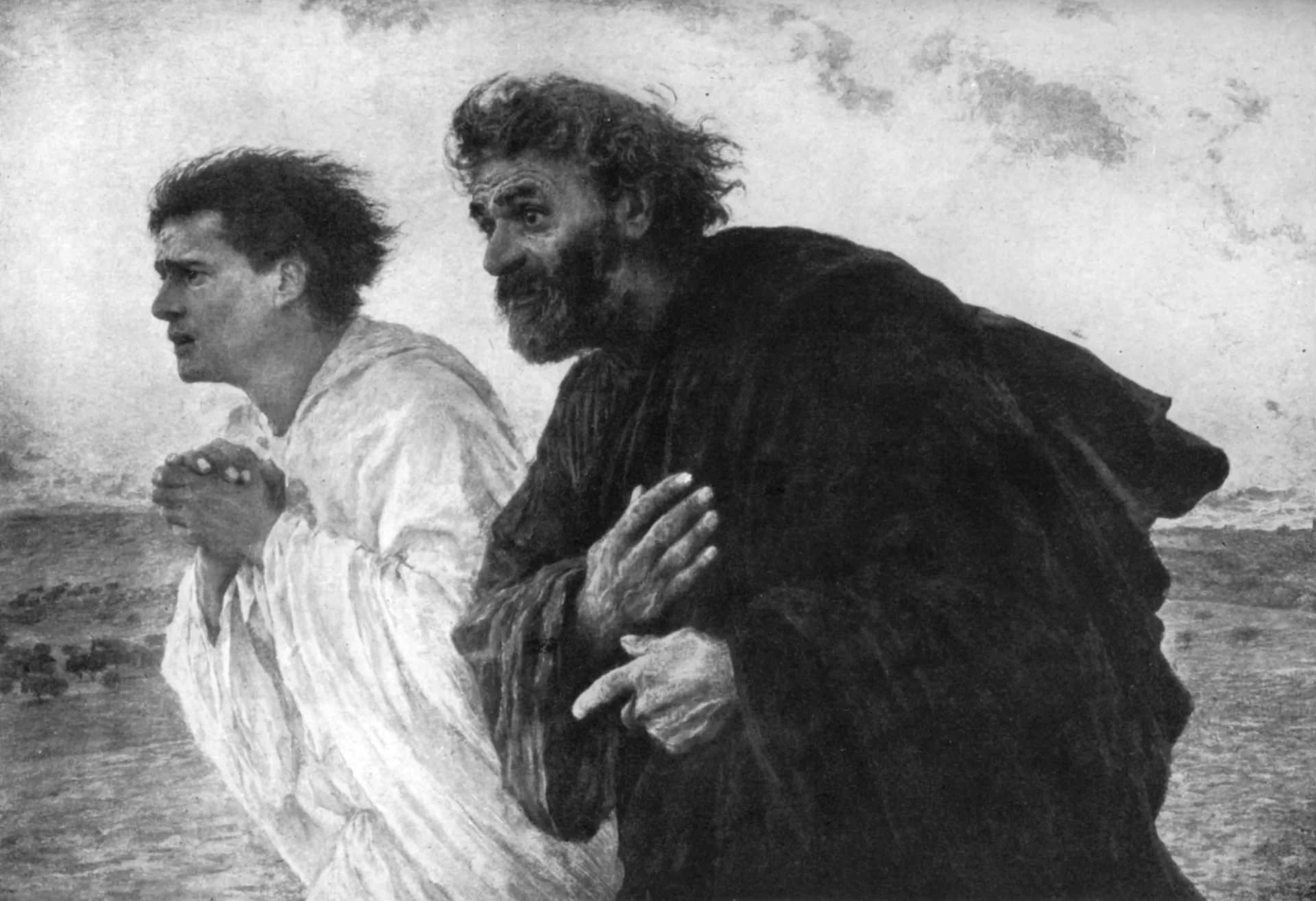 Os apóstolos Pedro e João em pé, corajosamente, diante do Sinédrio, o conselho de líderes judeus.