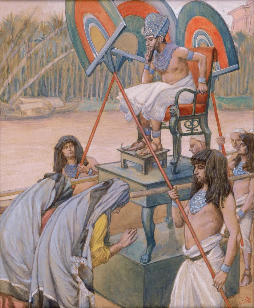 Pintura clássica retratando as parteiras Sifrá e Purá diante do Faraó no Egito antigo.