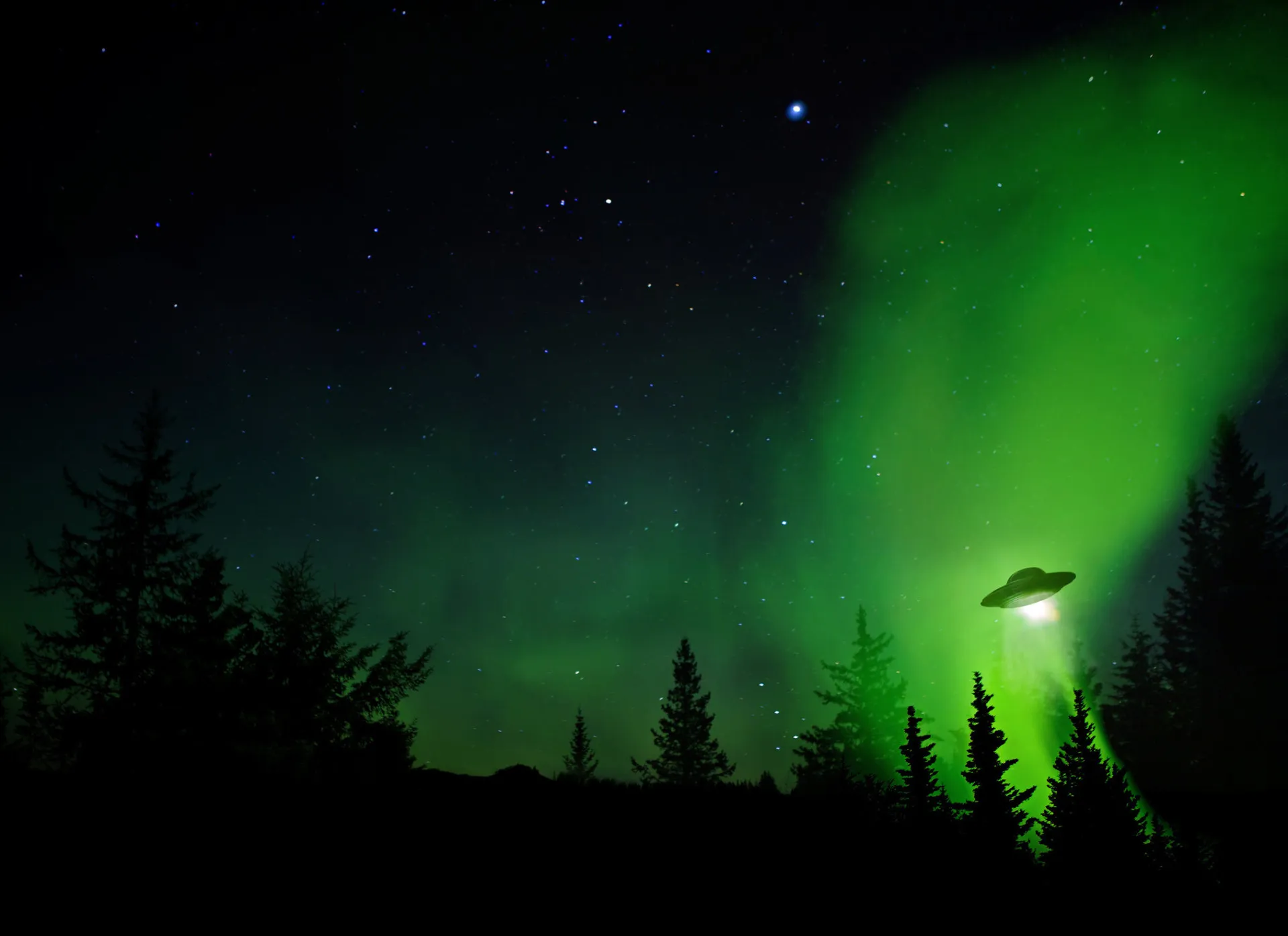 Céu noturno com luzes misteriosas e coloridas sobre uma paisagem escura.