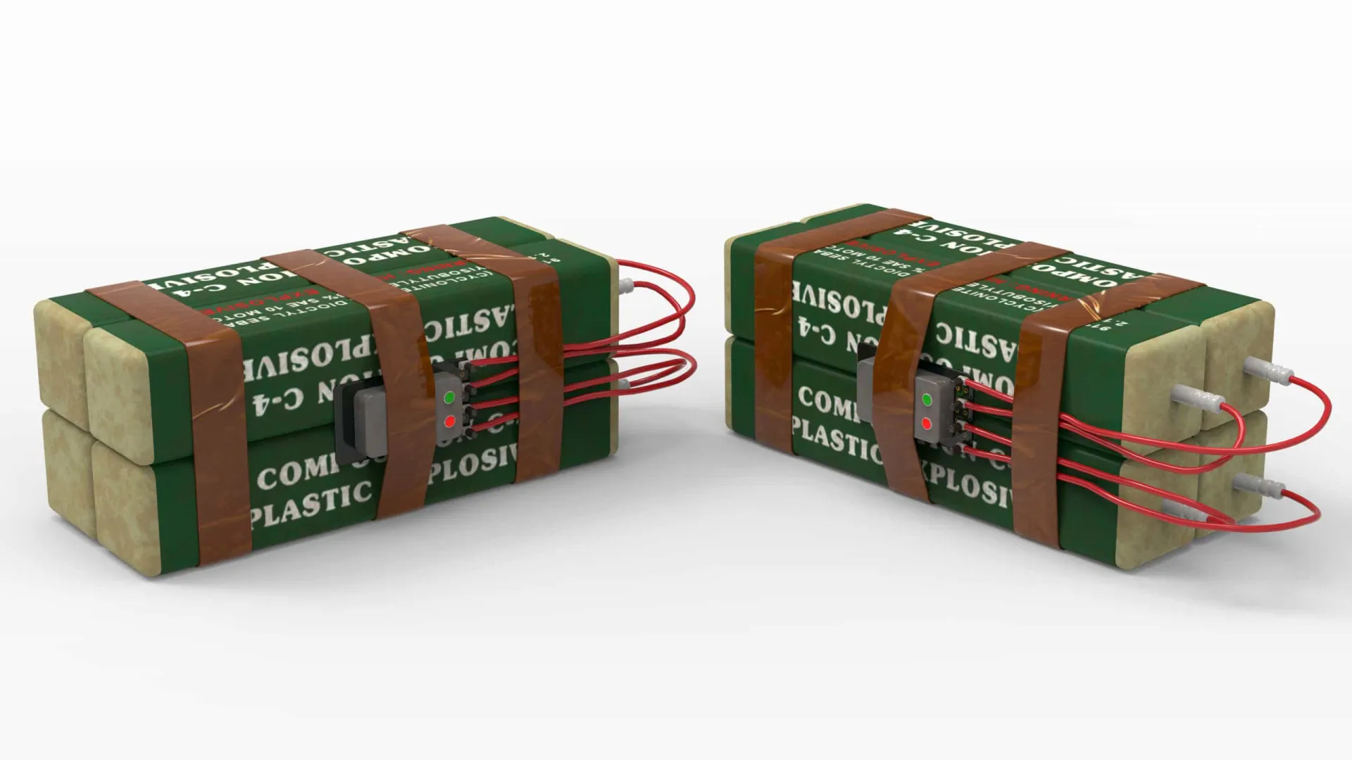 Blocos de explosivo plástico C4 com um detonador, um item comum em filmes de espionagem e ação.
