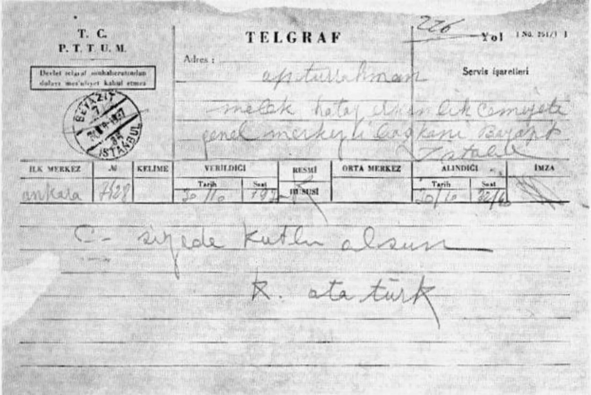 Telegrama de Mustafa Kemal Atatürk parabenizando a proclamação da República de Hatay.