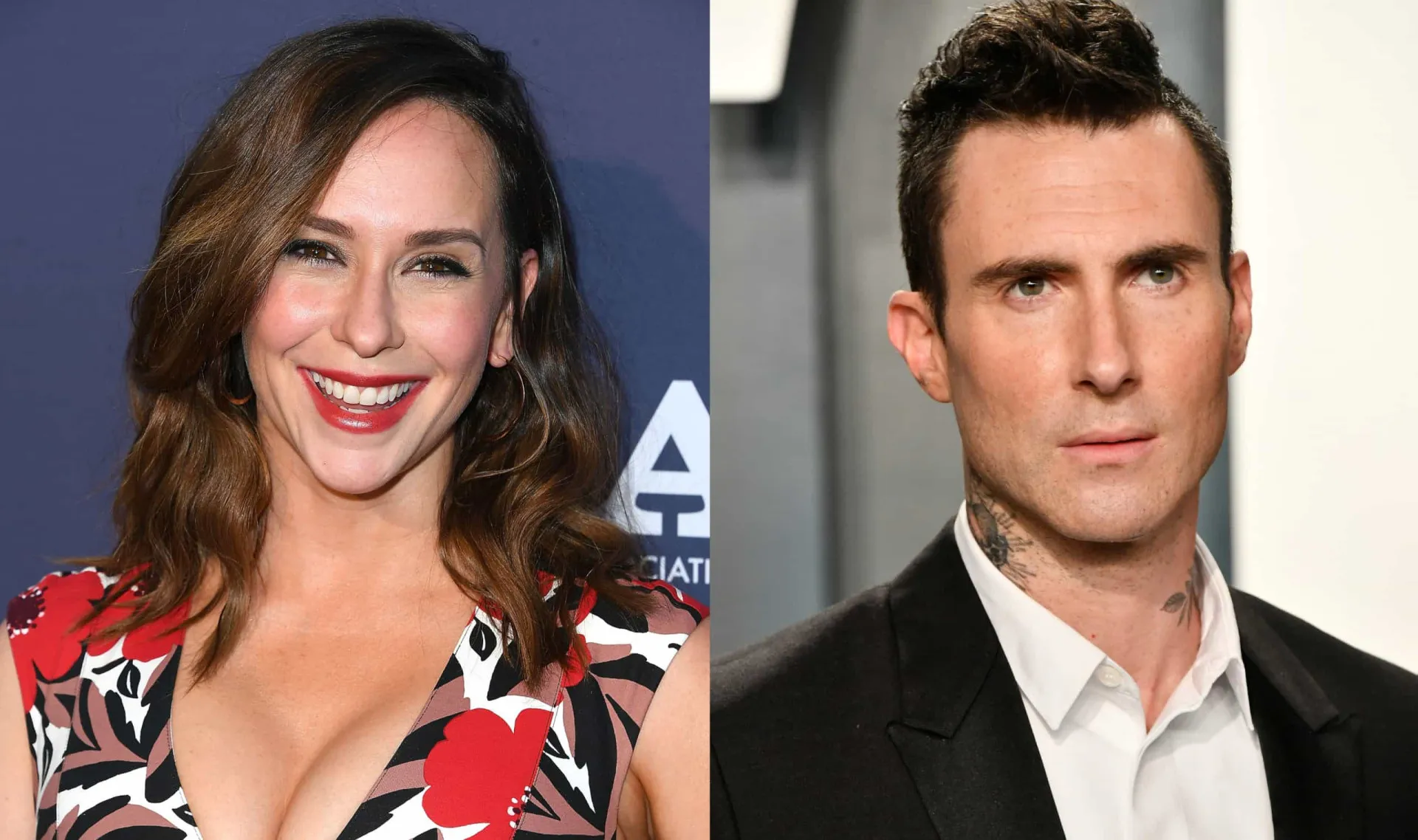 Jennifer Love Hewitt sorrindo e Adam Levine cantando em um show.
