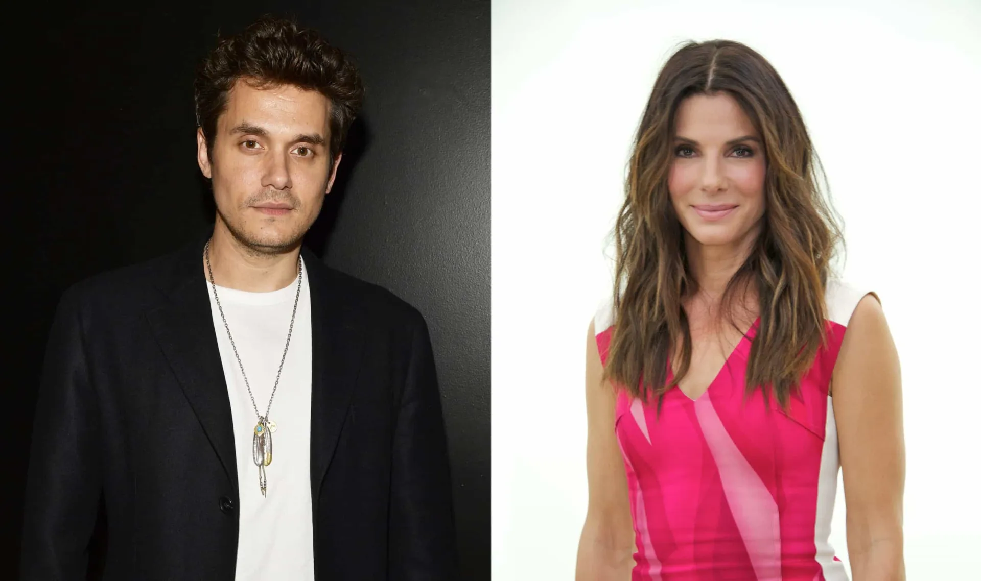 John Mayer tocando violão e Sandra Bullock sorrindo em um tapete vermelho.