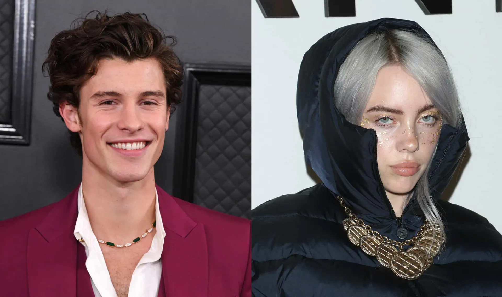 Shawn Mendes e Billie Eilish em fotos separadas, ambos com expressões neutras.