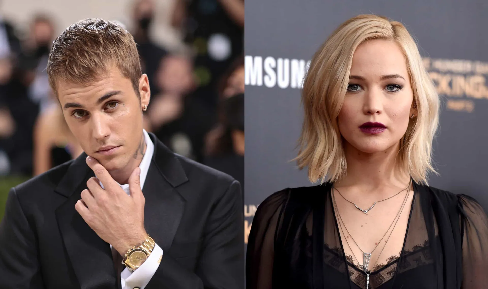 Montagem com fotos de Justin Bieber e Jennifer Lawrence em eventos.