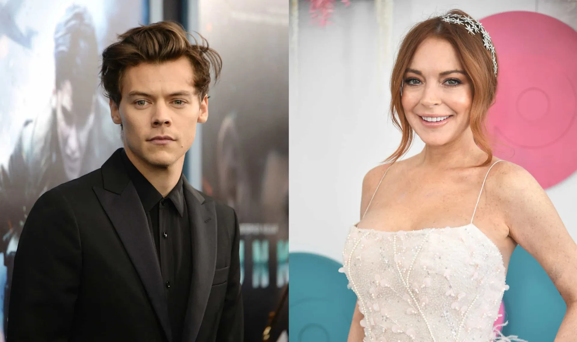 Harry Styles sorrindo em um evento e Lindsay Lohan posando para foto em outro momento.