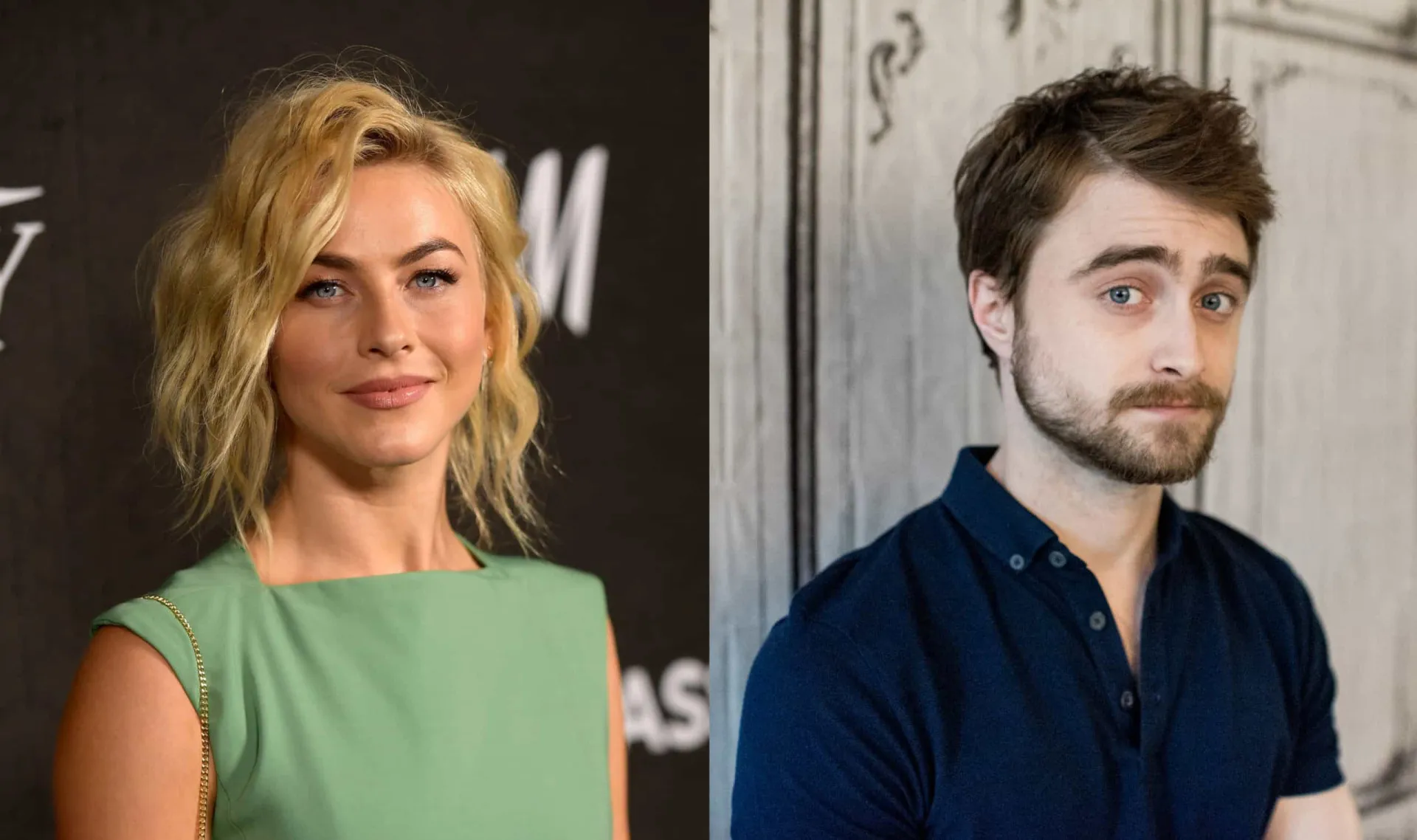 Julianne Hough sorrindo e Daniel Radcliffe com o visual clássico de Harry Potter.