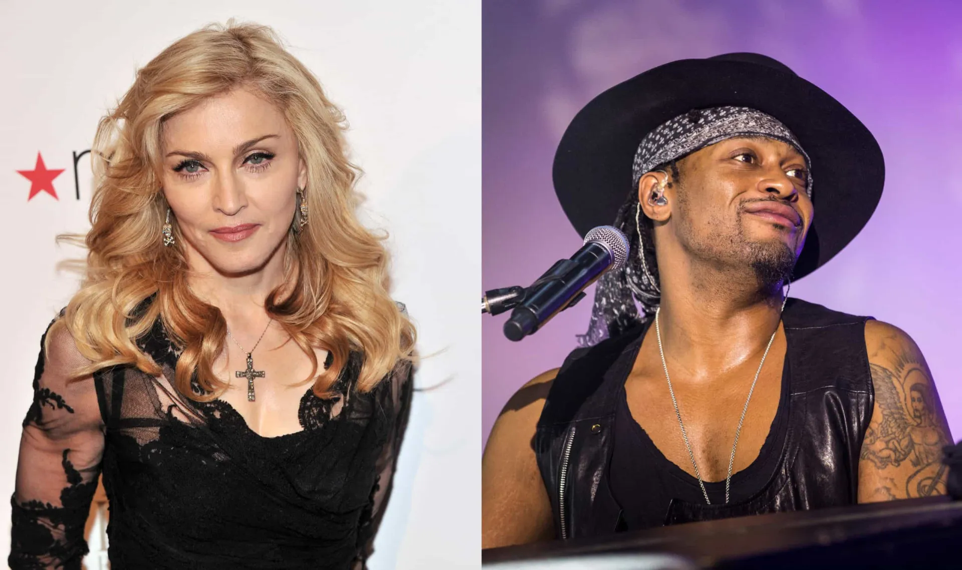 Madonna em uma performance e o cantor D'Angelo com um olhar sério.