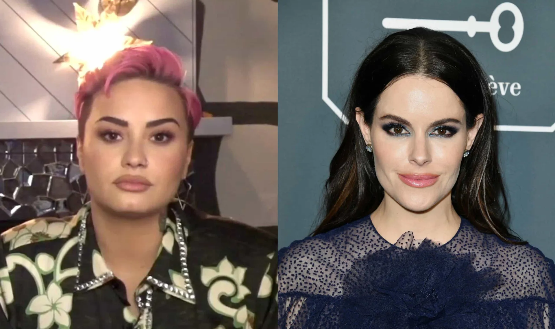 Demi Lovato cantando e a atriz Emily Hampshire sorrindo.