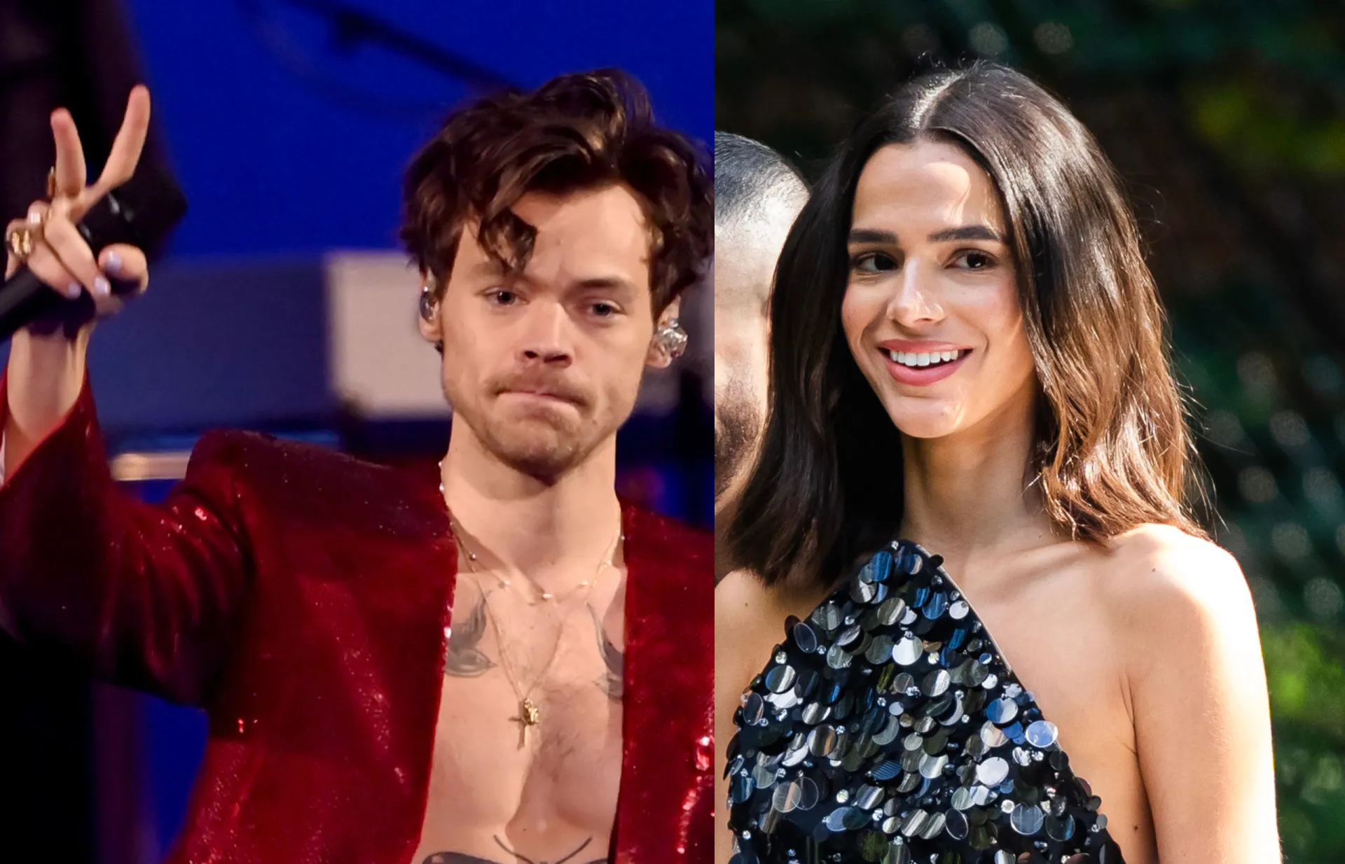 Harry Styles no palco e Bruna Marquezine em um evento de gala.